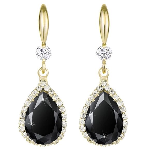 14K Yellow Gold with Black Onyx Cubic Zirconia Teardrop Hook Dangling Earrings - Picture 1 of 5